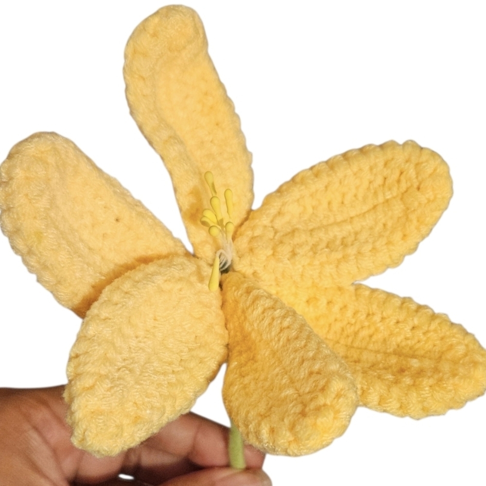 Hand Crafted Crochet Soft Yellow Flower Easter Spring Eco Decor Single Stem Art